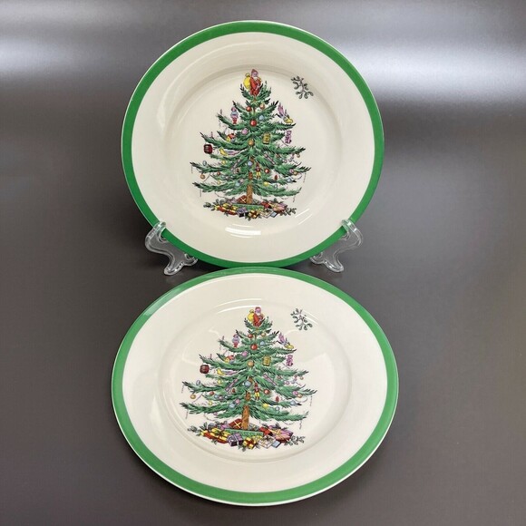 Spode Christmas Tree Salad Plates Green Band Lot of 2 - Retail $34 each - Picture 1 of 5